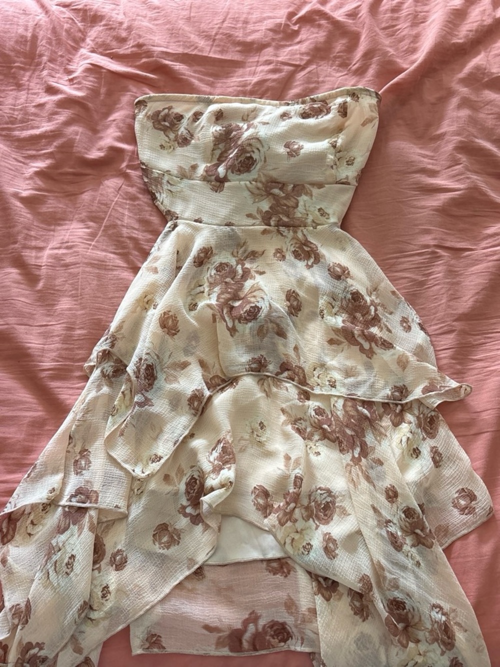 Forever 21 Cream Strapless Floral Ruffle Midi Dress
